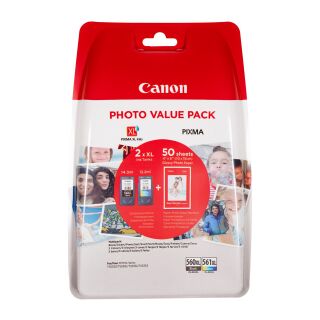 Canon PG-560XL + CL-561XL Value Pack Druckerpatronen + 50 Blatt Fotopapier (10x15cm)